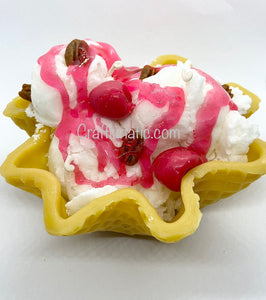 Waffle Bowl Ice Cream Sundae with Cherries Dessert Candle